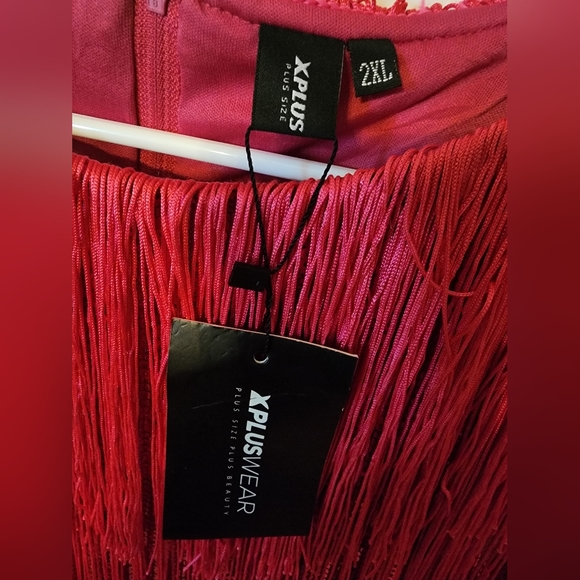 Xpluswear Design Plus Size Hot Pink Party Short Sleeve Fringe Sequin Mini Dress - Picture 3 of 5